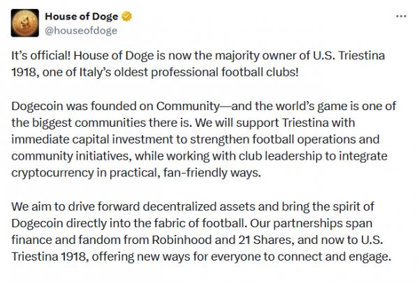 Dogecoin Foundation приобрела контрольный пакет итальянского футбольного клуба